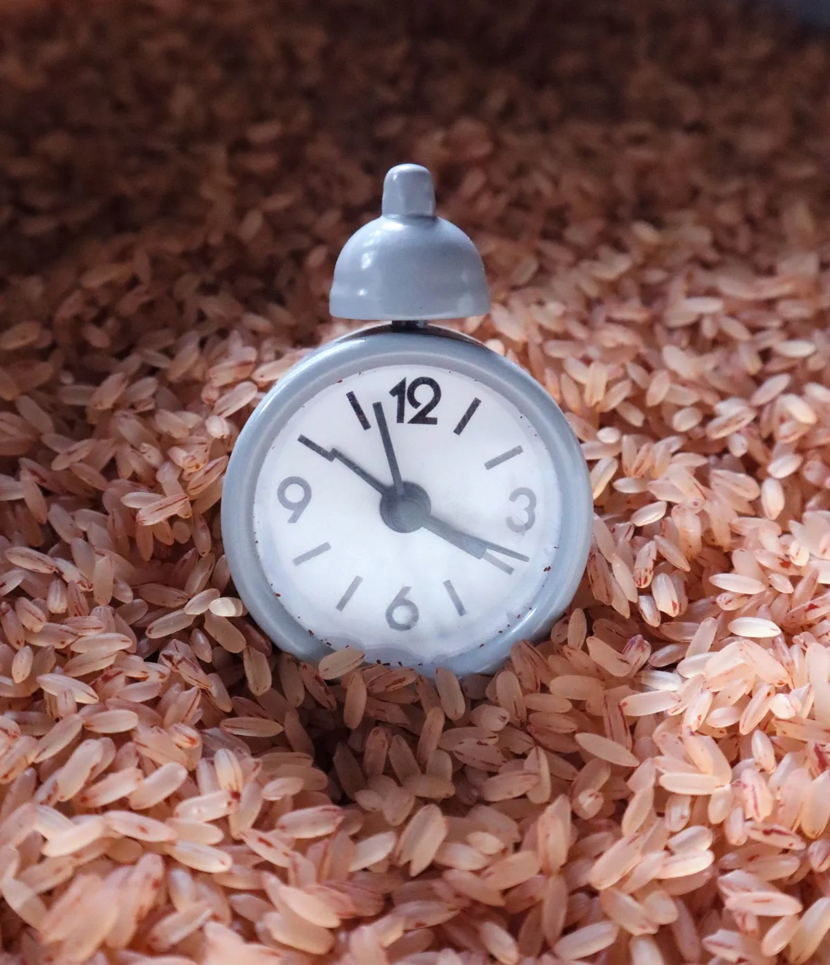Reloj despertador blanco entre granos de arroz que ilustra el horario del ayuno 16/8.