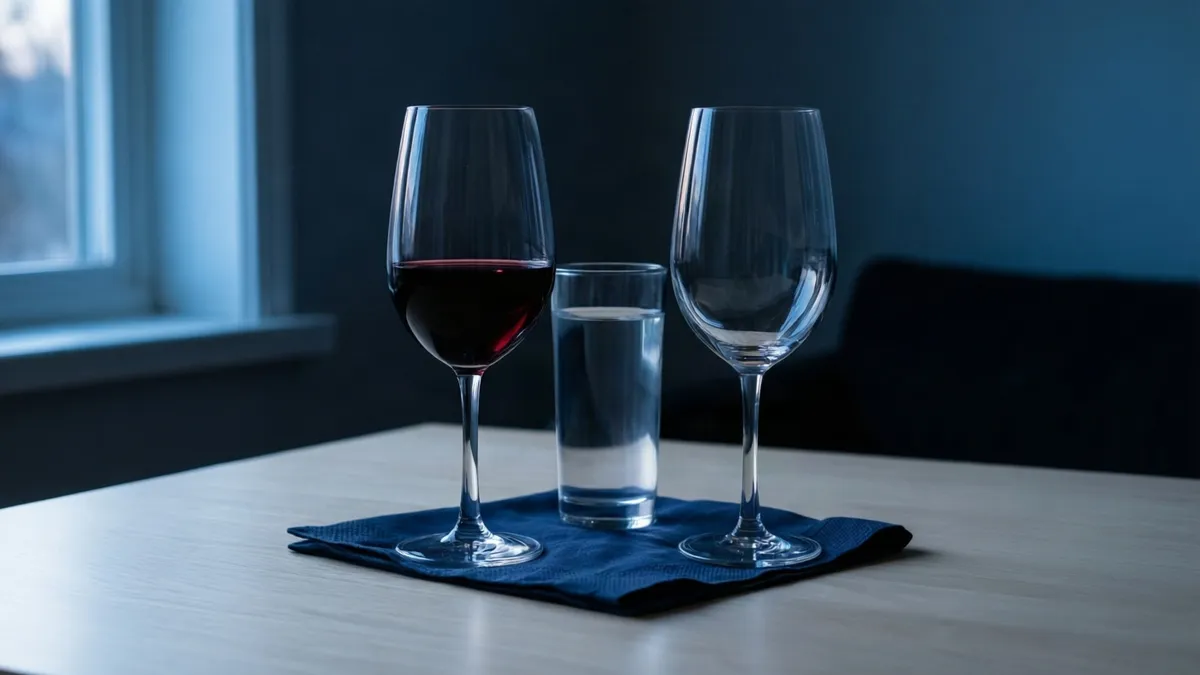 Dos copas de vino, una con un poco de tinto y otra vacía, con un vaso de agua en medio