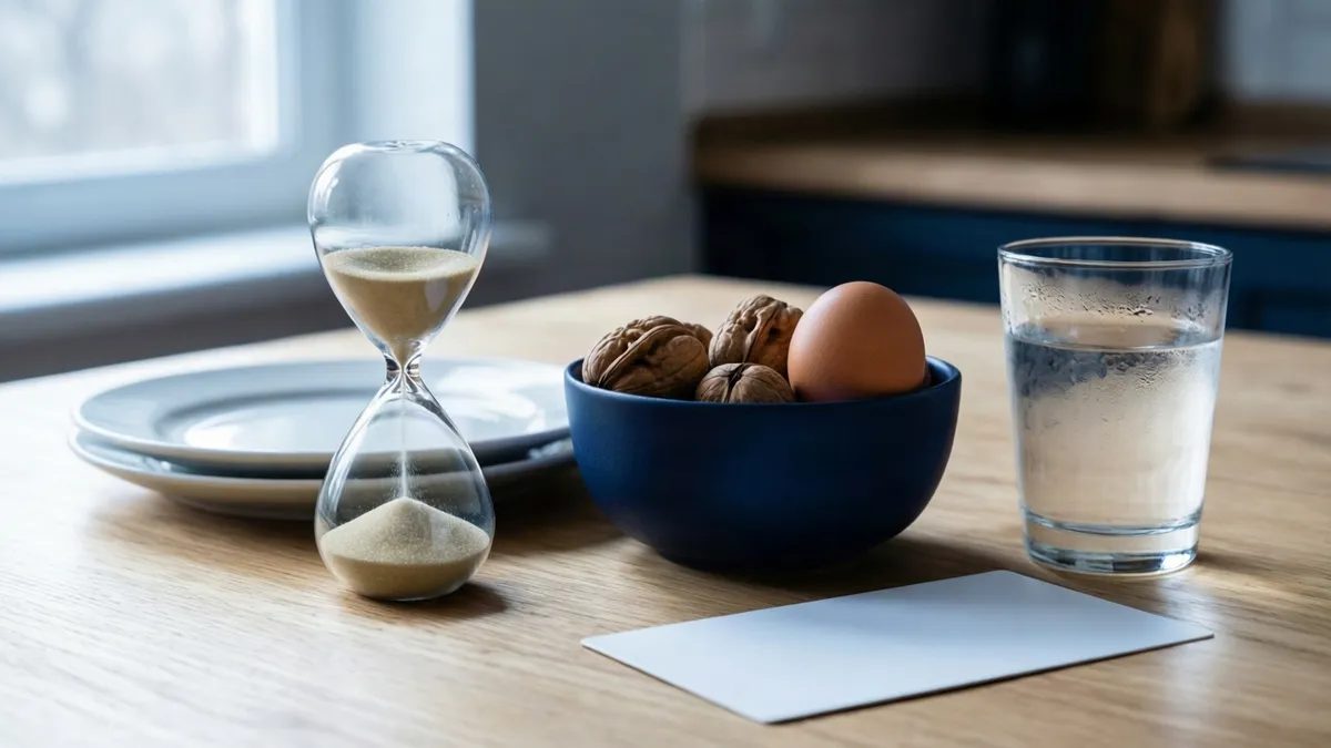 Reloj de arena con arena cayendo junto a plato blanco, cuenco azul con nueces y huevo, vaso de agua y tarjeta sobre mesa de madera.