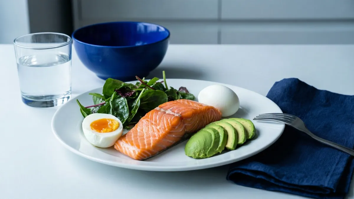 Plato con salmón, huevo cocido y aguacate, ración moderada, junto a un vaso de agua