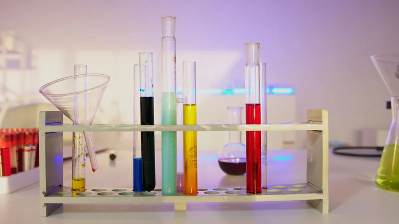 Soporte con pipetas de laboratorio y material de investigación sobre una mesa iluminada.