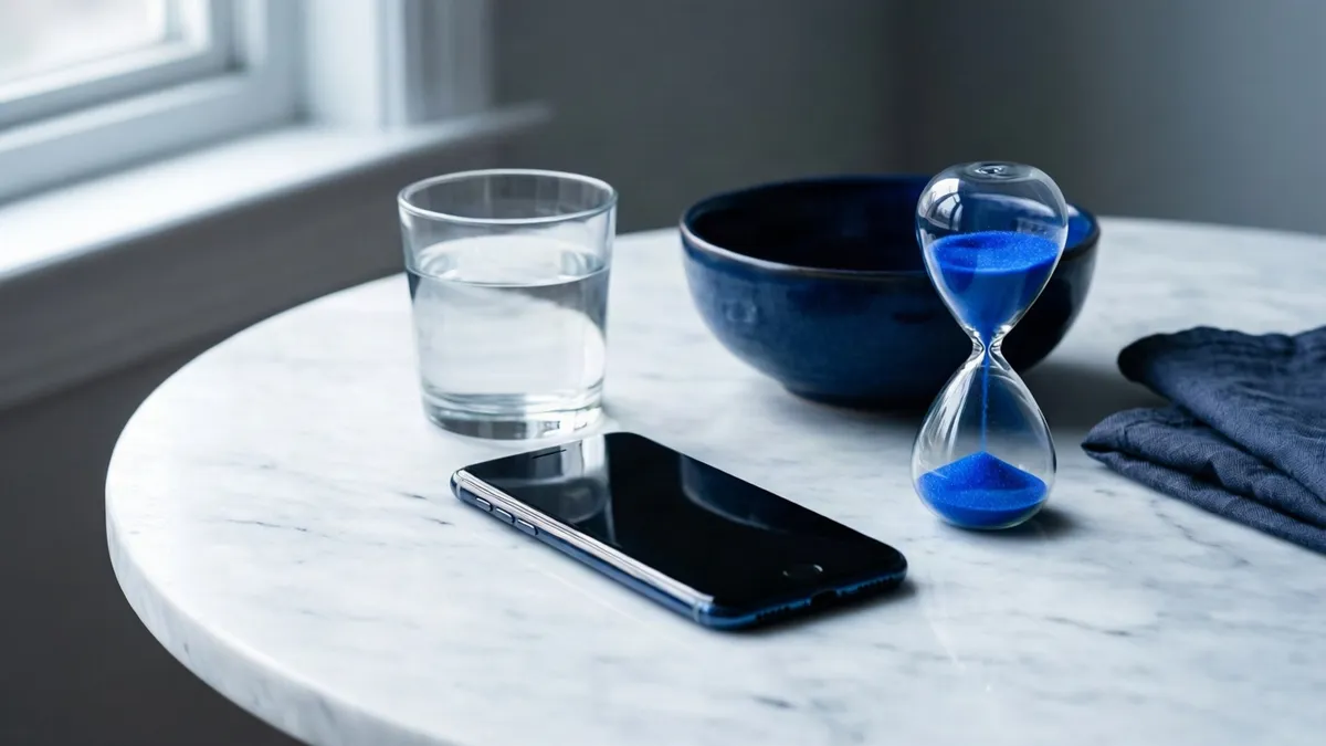 Sobre una mesa de mármol blanco, se disponen un vaso de agua, un teléfono negro, un bol azul oscuro y una ampolla de arena azul.