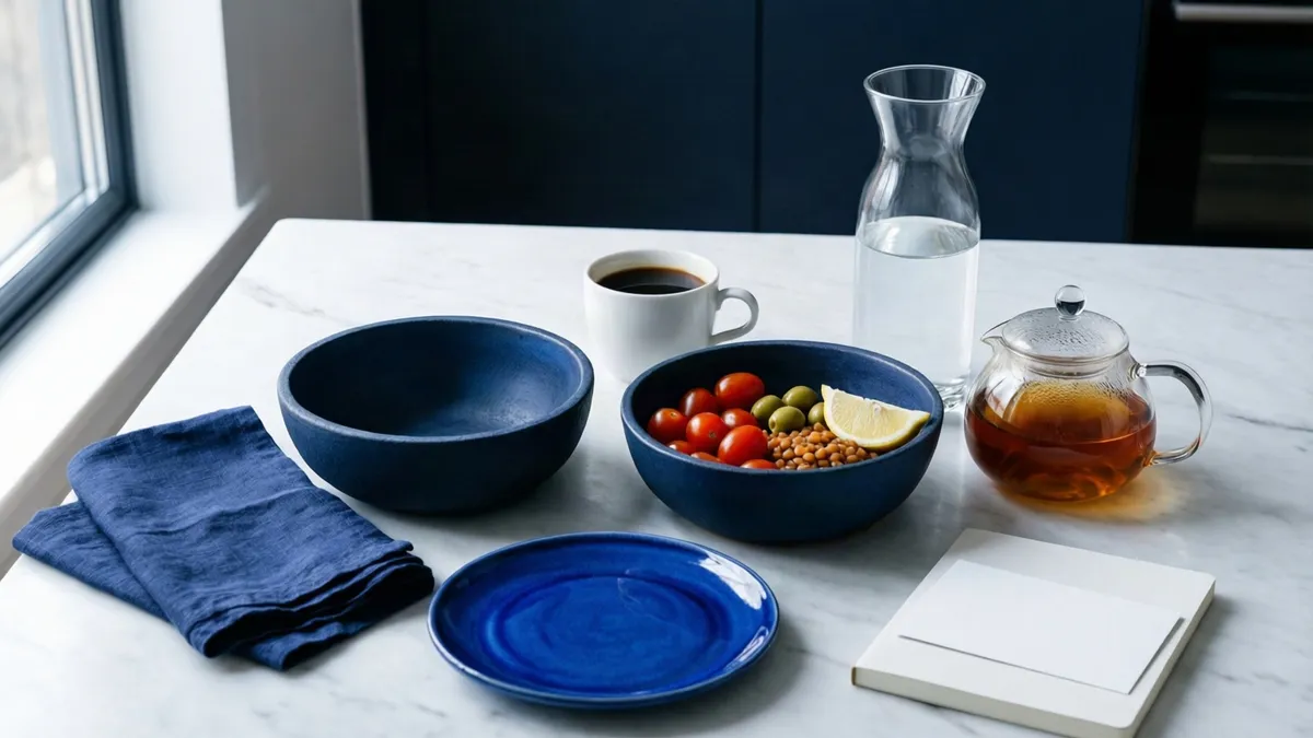 Dos cuencos y plato azul cobalto sobre encimera blanca, junto a taza café, jarra agua, tetera cristal y servilleta plegada.