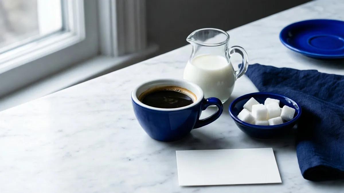 Taza azul con café negro, jarra de vidrio con leche, plato azul con azúcar y servilleta sobre mármol blanco junto a ventana.